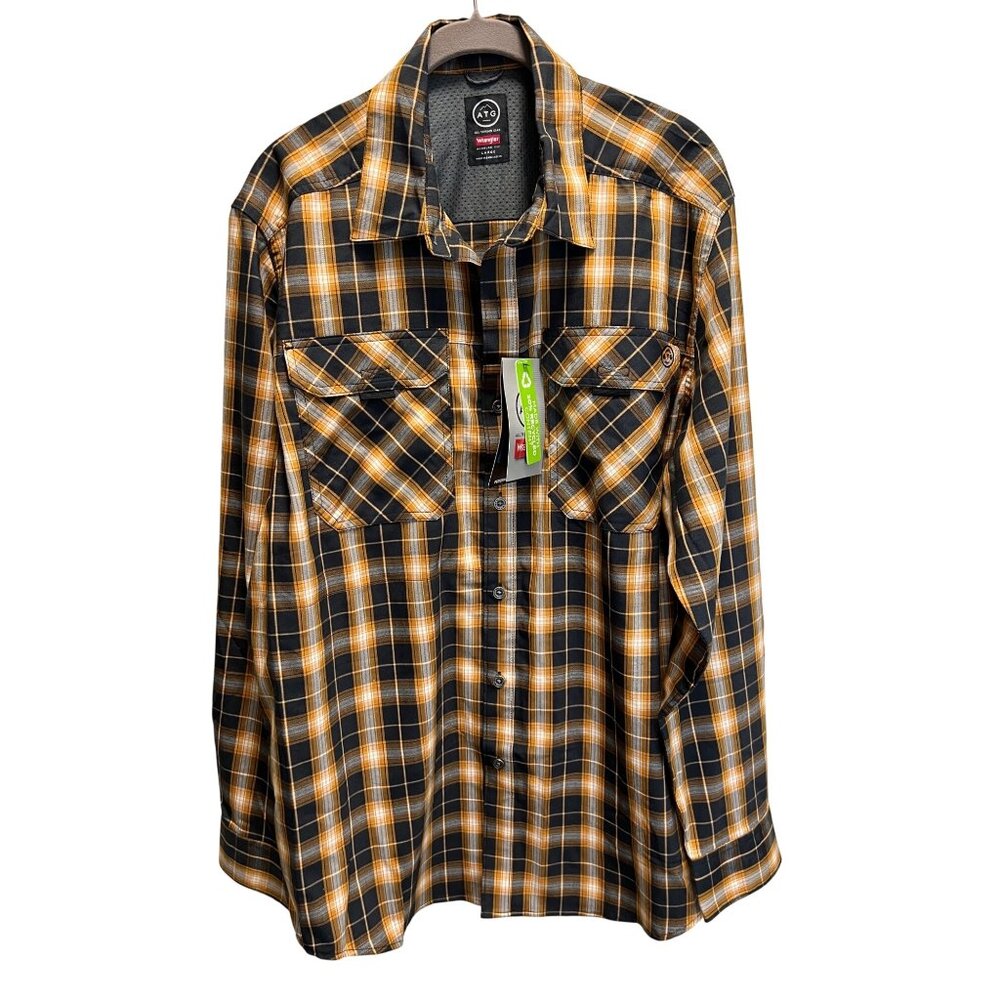 Mens ATG Wrangler Long-Sleeve Plaid Shirt Size L Black/Yellow Cotton & Polyester